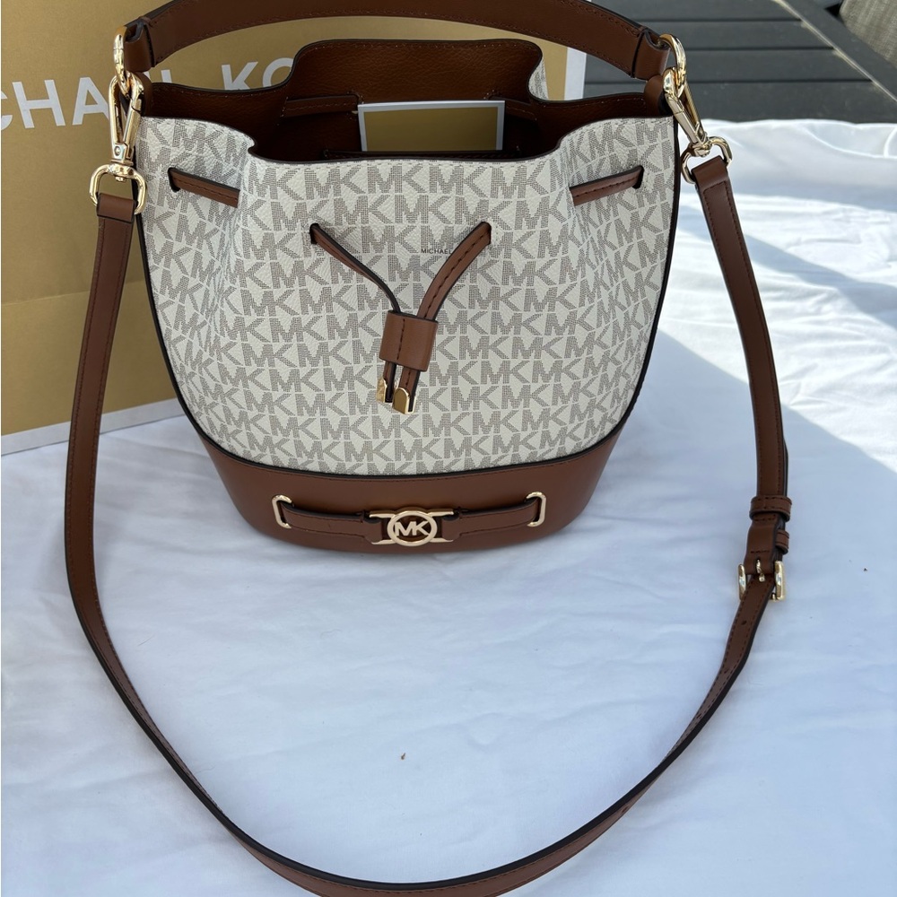 Michael Kors Cream MK Logo and Brown Leather Drawstring Shoulder Bag